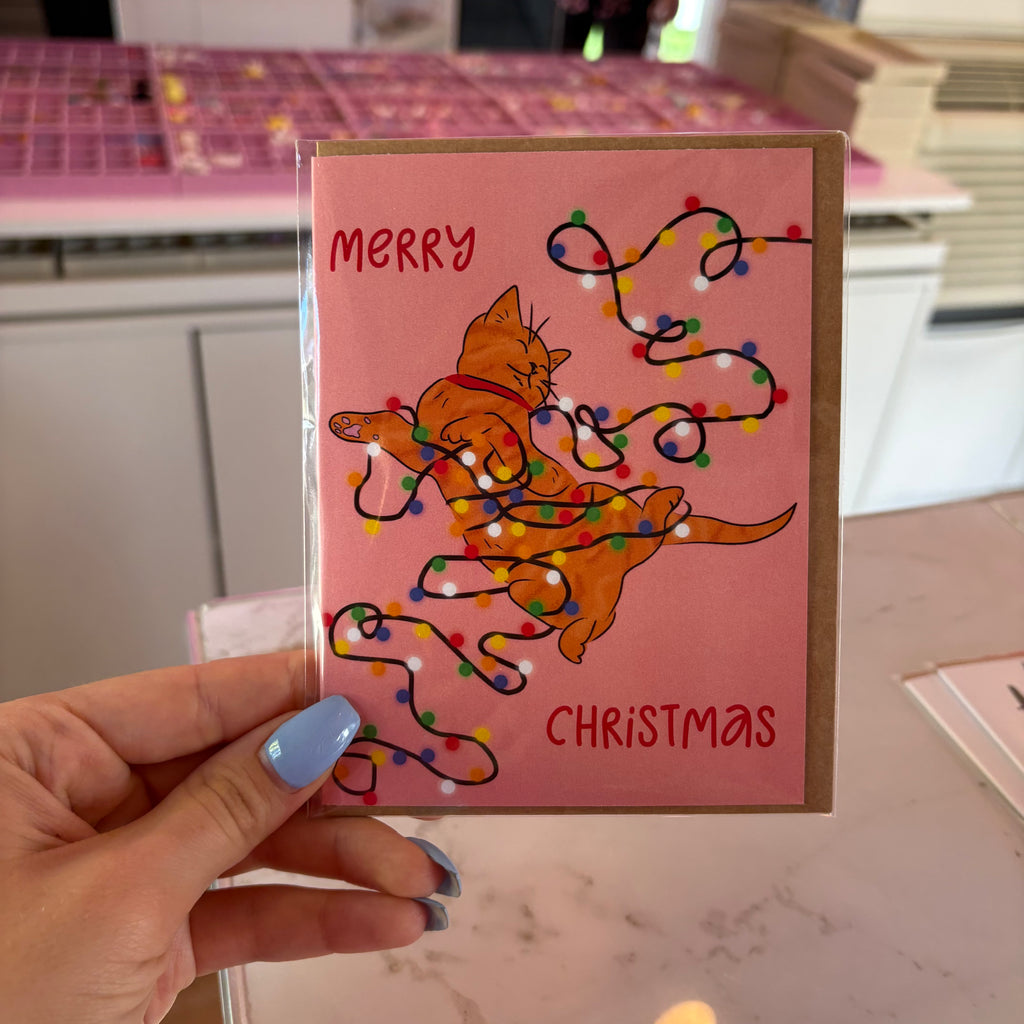 Cat In Holiday Lights Christmas Card - Pink