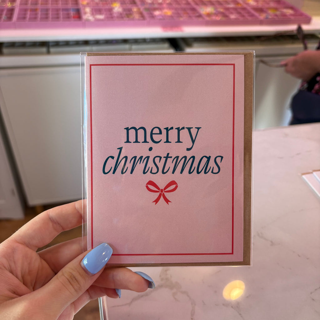 "Merry Christmas" Pink & Green Bow Card